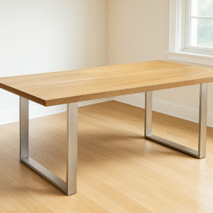 Esstisch Vicente – Wildeiche trifft auf Kufengestell aus Edelstahl